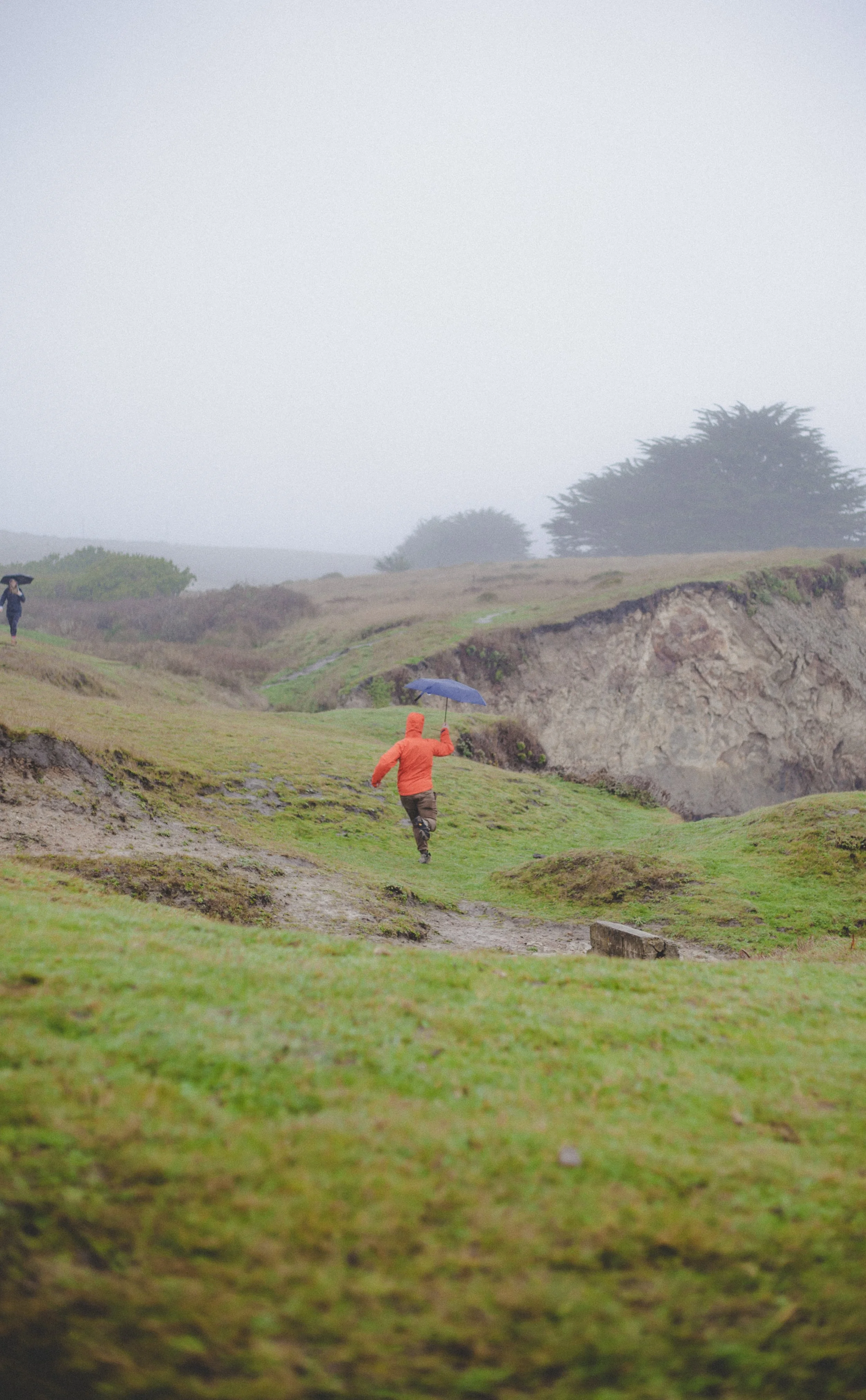 People walking on grassy, muddy terrain in rainy weather, some holding umbrellas, with foggy sky and trees in the background.
