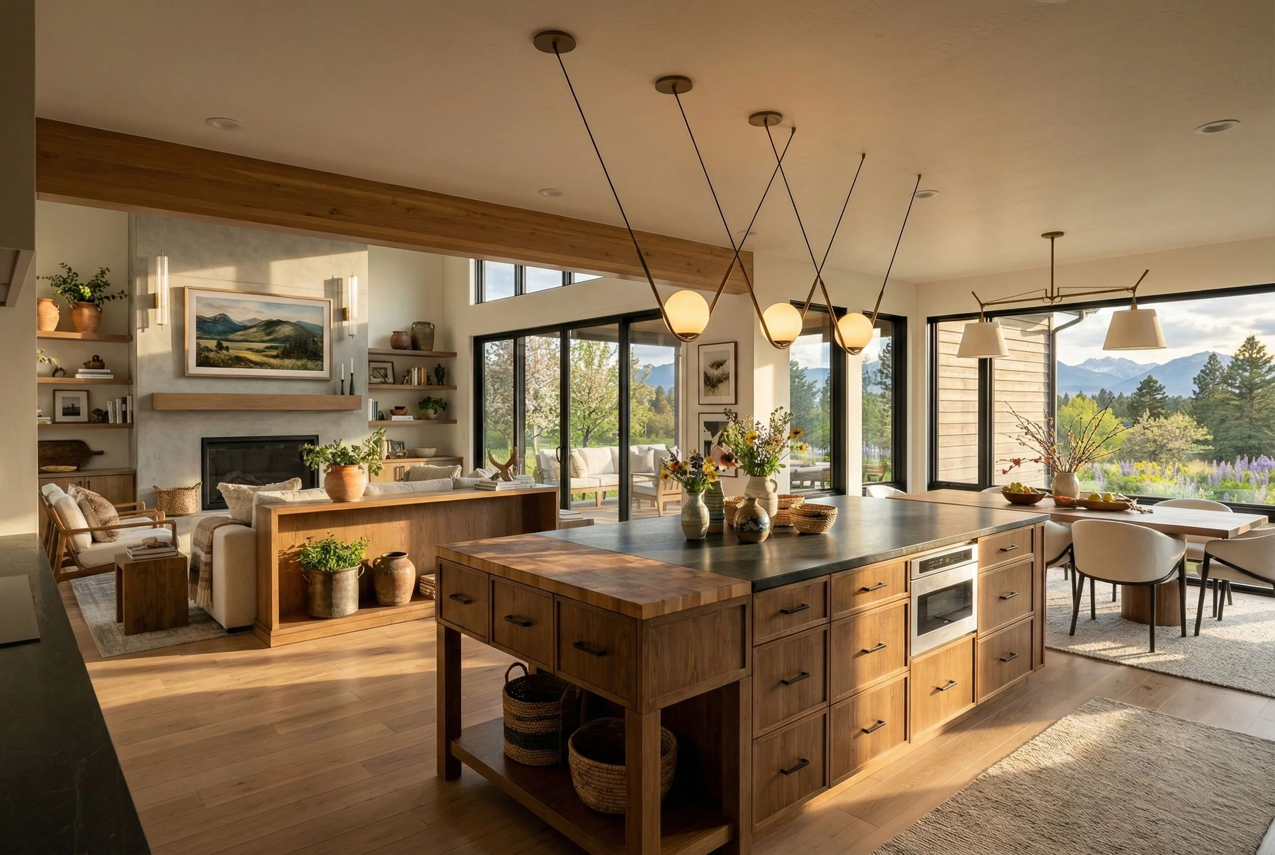 Open-concept living room and kitchen with wooden accents, large windows showing mountain and greenery view, modern lighting, and minimalistic decor.