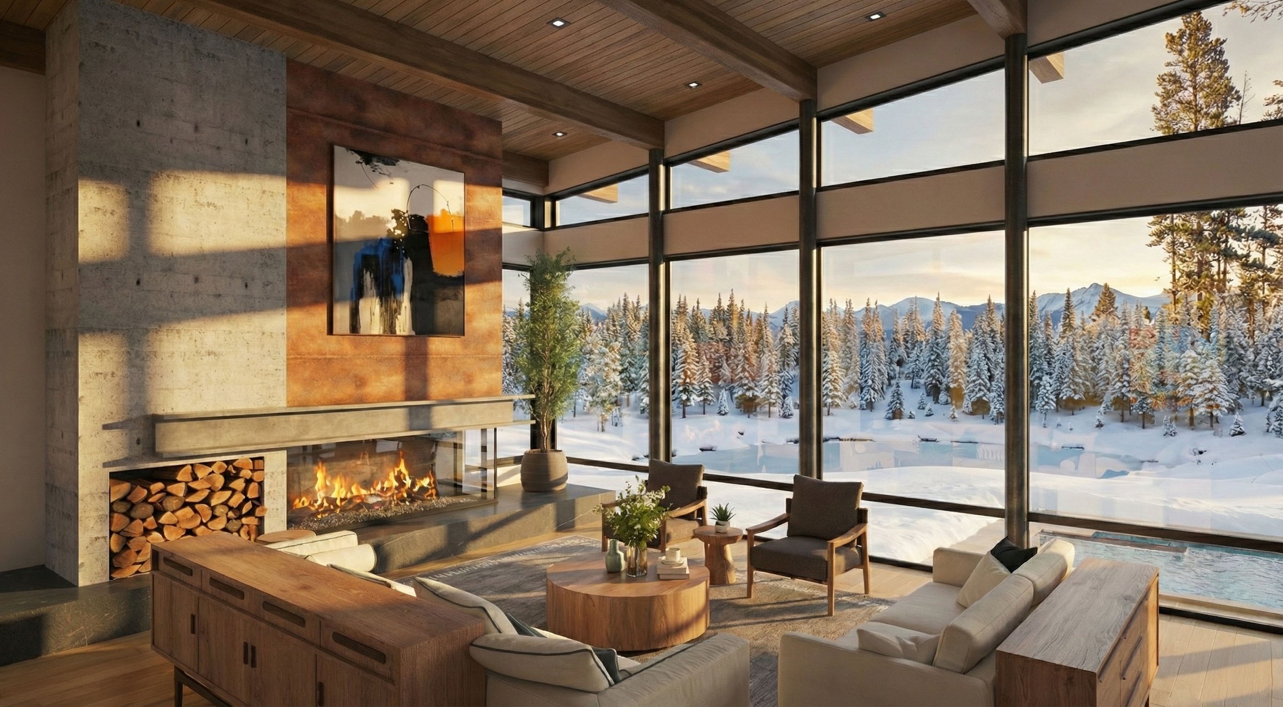 Living room with large floor-to-ceiling windows showing a snowy mountain landscape, fireplace, modern furniture, and indoor plants.