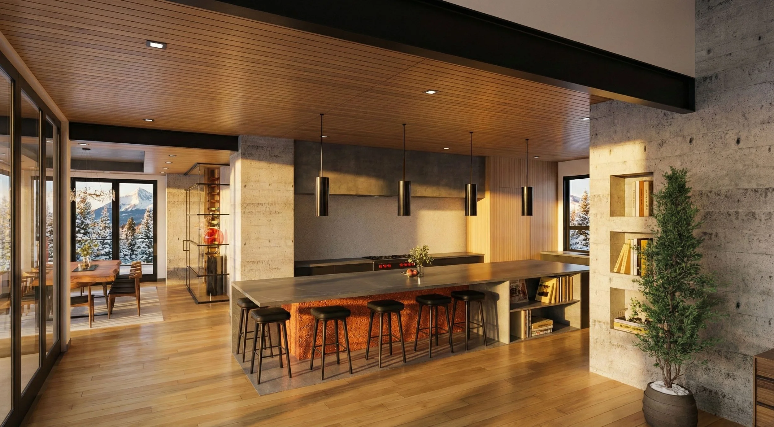 A refined kitchen bar area featuring stone surfaces, integrated seating, and a patterned wood ceiling. Thoughtful lighting and material layering elevate the space for both everyday use and entertaining.