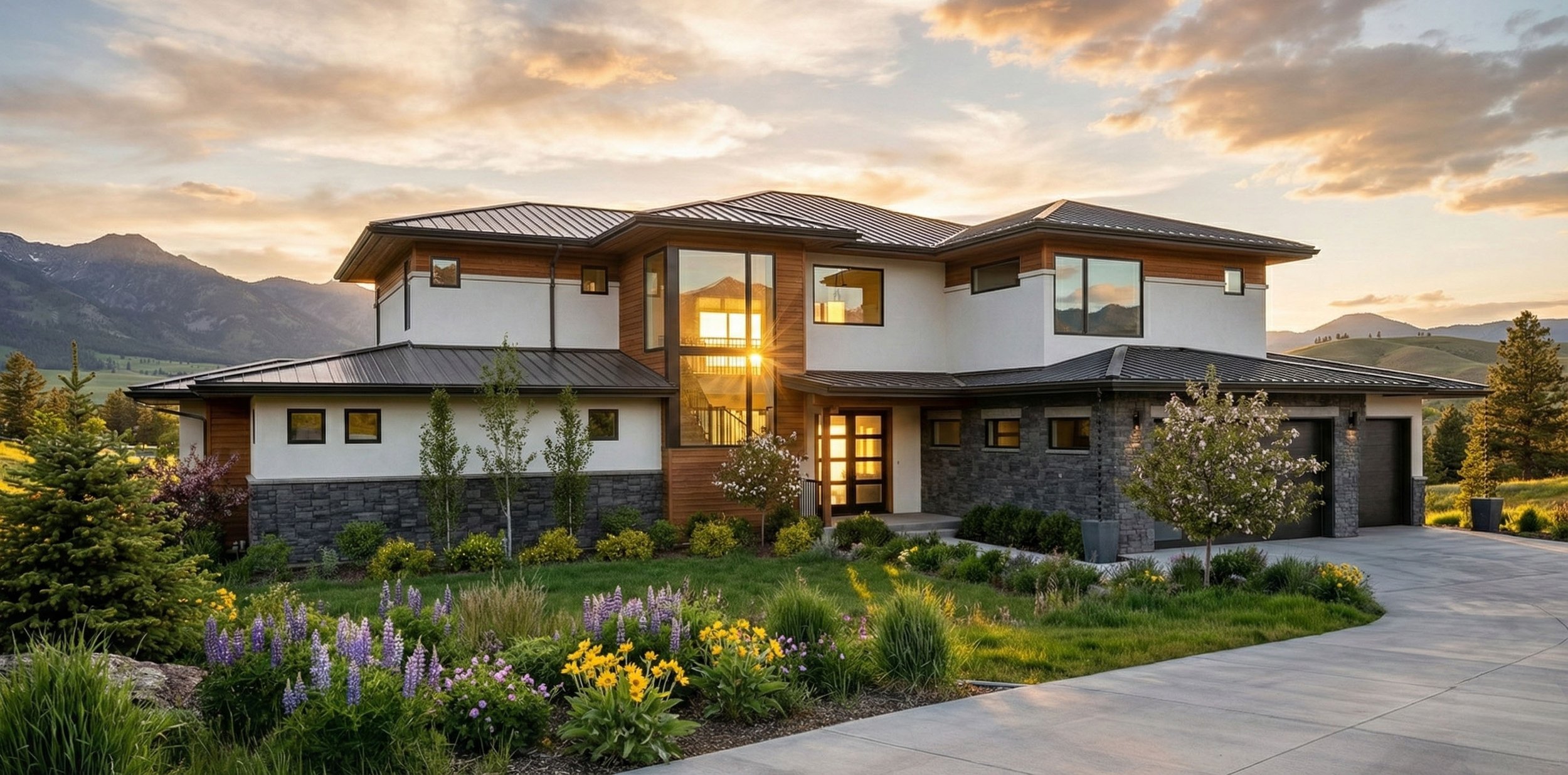 Modern house with stone and wood exterior, large windows, and landscaped garden with colorful flowers at sunset.