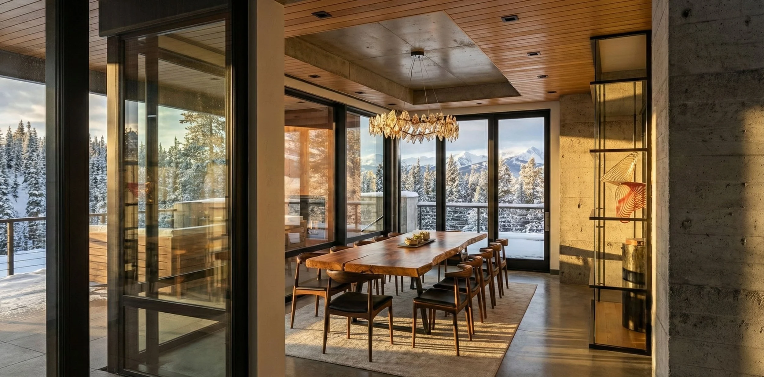 Modern dining room with wooden table and eight chairs, large floor-to-ceiling windows with mountain and snowy trees view, decorative chandelier, and floor lamp with red and beige shade.
