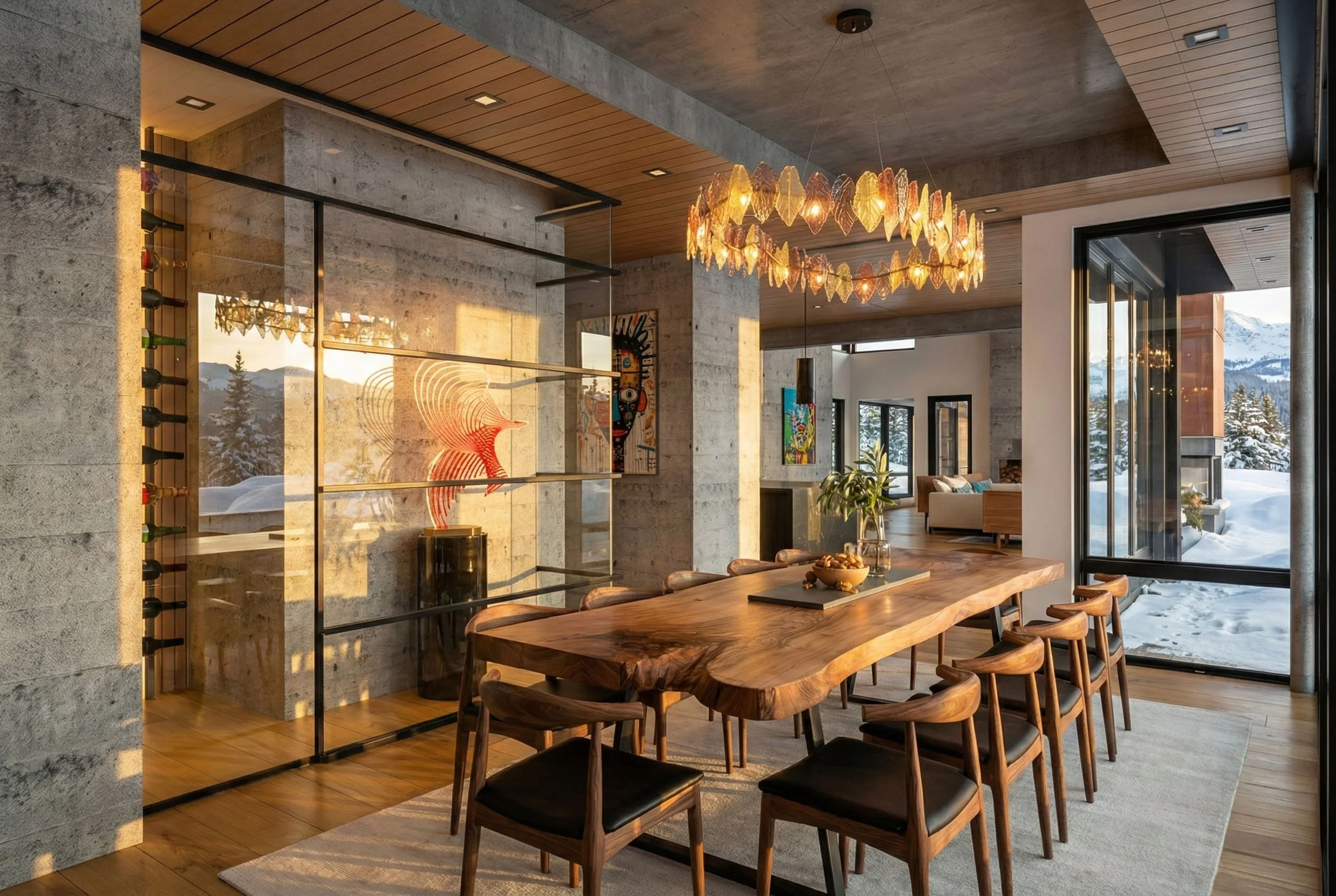 Modern dining room with a large wooden table surrounded by chairs, chandelier hanging from the ceiling, large glass windows showing a snowy mountain landscape outside, and artistic decor on the wall.