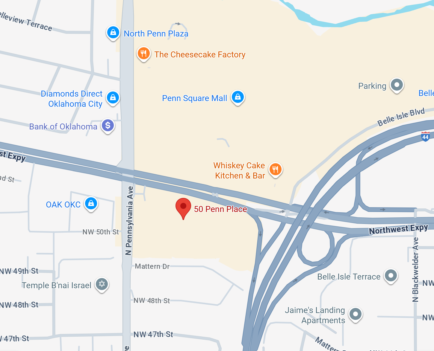 50 Penn Place sits on the South East corner of Pennsylvania and Northwest Expressway.