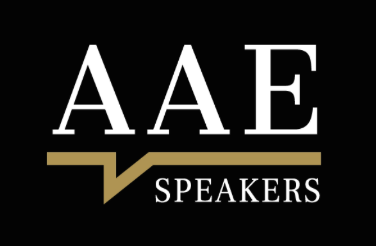 Logo for AAE Speakers with black background, white text, and a gold underline under 'AAE'
