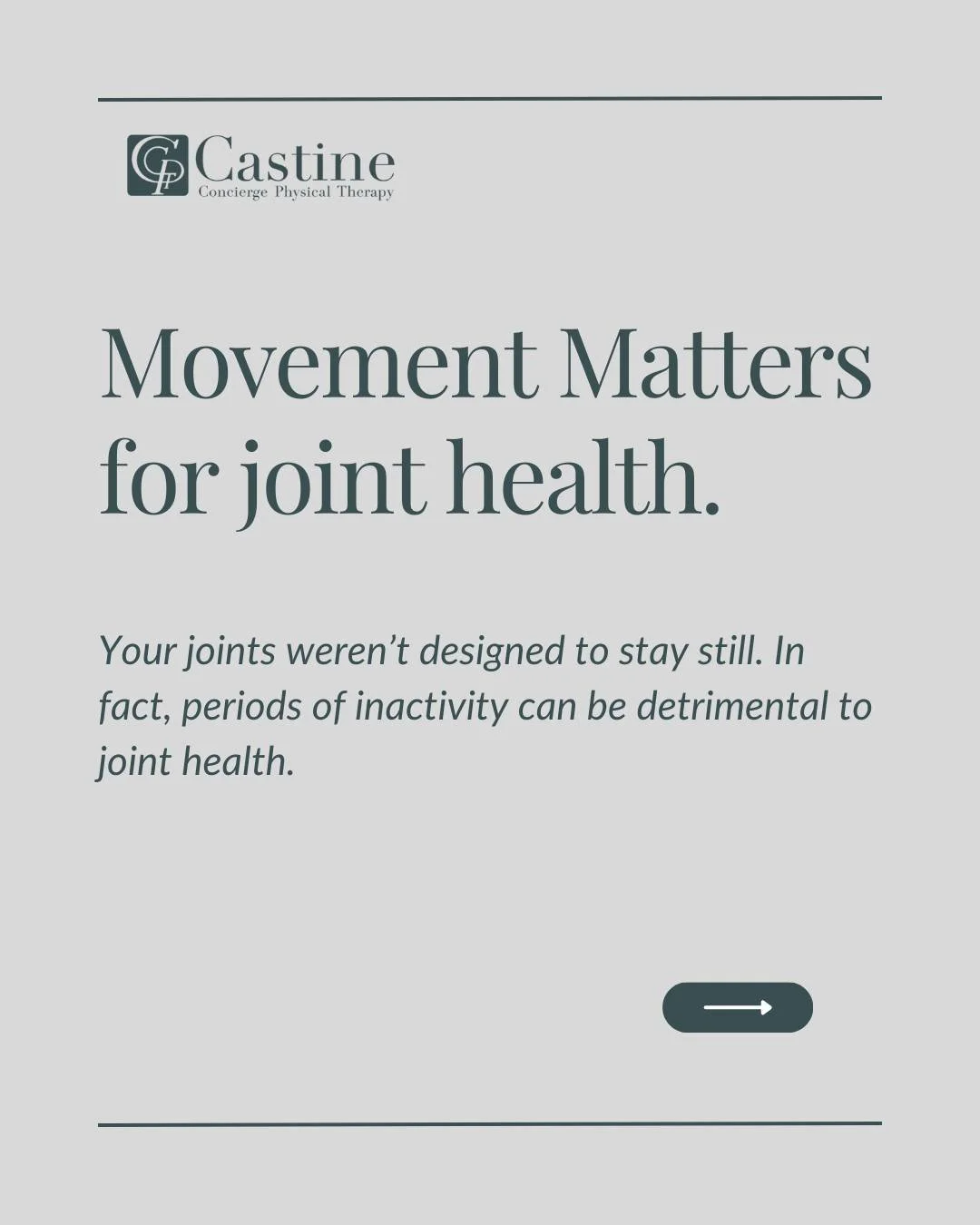 Ever notice joint stiffness after sitting for too long and the stiffness improves as you start to move around? That&rsquo;s because your joints depend on regular motion to stay healthy.

Movement helps circulate synovial fluid, nourish cartilage, and