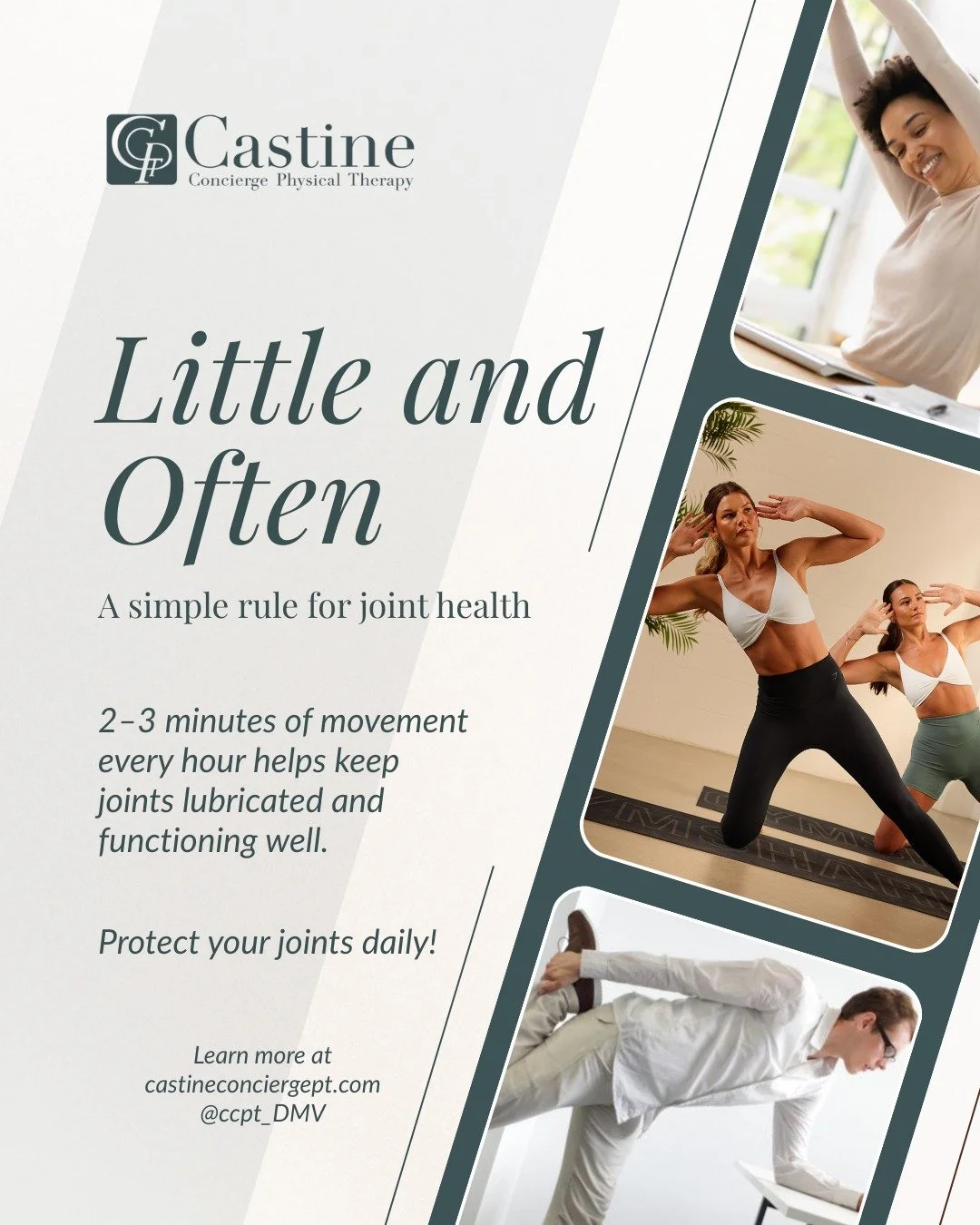 When it comes to joint health, small durations of activity done frequently are powerful. Maintaining good joint health doesn&rsquo;t require workouts or equipment.
It starts with:
&bull; Standing up regularly
&bull; Short walks
&bull; Gentle mobility