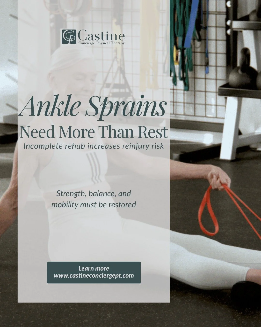 Walking without pain doesn&rsquo;t mean a full recovery.
Without proper rehab, ankle sprains can linger and often return due to residual instability and decreased proprioception. 

Physical therapy focuses on restoring stability and control &mdash; n