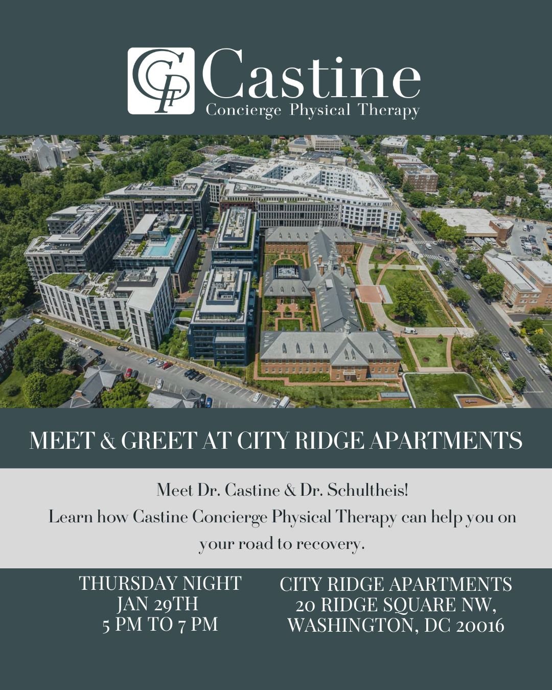 📍 Meet &amp; Greet with Castine Concierge Physical Therapy
🕔 Today | 5&ndash;7 PM
🏢 City Ridge Lobby | Washington, DC

Castine Concierge Physical Therapy is popping up @cityridgedc tonight to say hello 👋

We specialize in high-level, one on one o