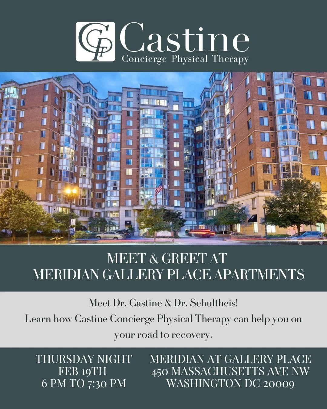 📍 Meet &amp; Greet with Castine Concierge Physical Therapy
🕕 Today | 6:00 to 7:30 PM
🏢 Meridian at Gallery Place | Washington, DC

Castine Concierge Physical Therapy is popping up @meridiangalleryplace to connect with the community.

We provide hi