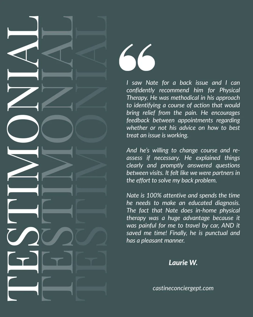 Recovery works best when it is collaborative.
This patient&rsquo;s experience reflects what we strive for at Castine Concierge Physical Therapy. Thoughtful evaluation, clear communication, and a plan that evolves with you based on your progress.

Del