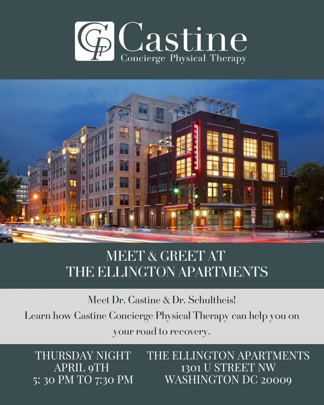 📍 Meet &amp; Greet with Castine Concierge Physical Therapy
🕠 Thursday | 5:30 to 7:30 PM
🏢 The Ellington Apartments | Washington, DC
Castine Concierge Physical Therapy is popping up @the_ellingtondc this Thursday to connect with the community.
We s