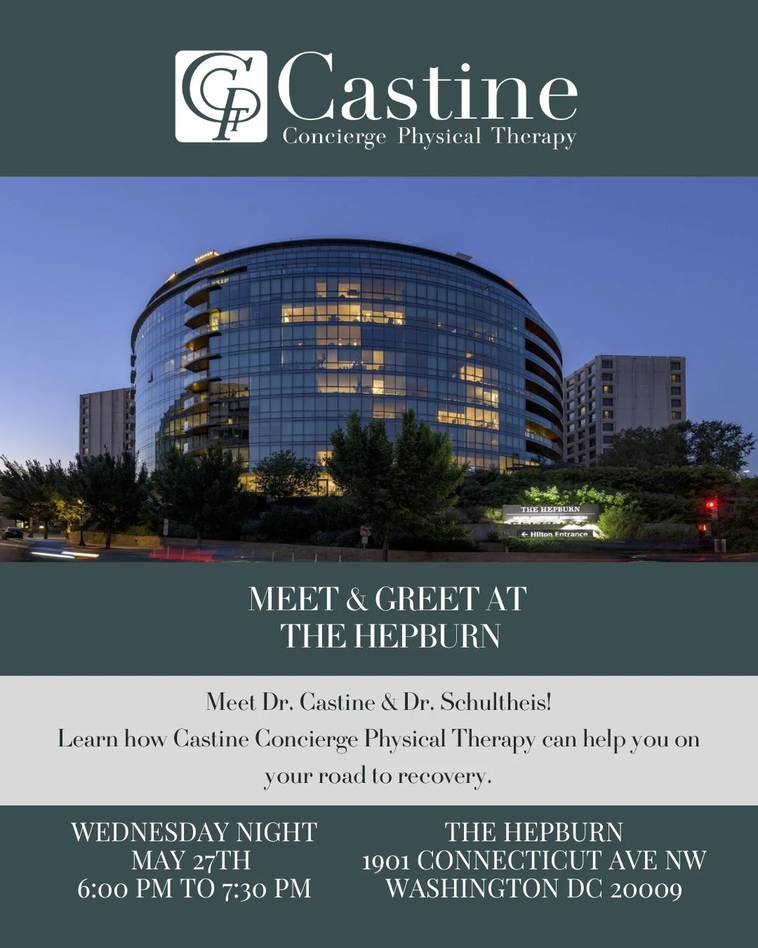 📍 Meet &amp; Greet with Castine Concierge Physical Therapy
🕠 Wednesday | 6:00 to 7:30 PM
🏢 The Hepburn | Washington, DC
Castine Concierge Physical Therapy is popping up @thehepburndc tonight to connect with the community.
We specialize in high qua