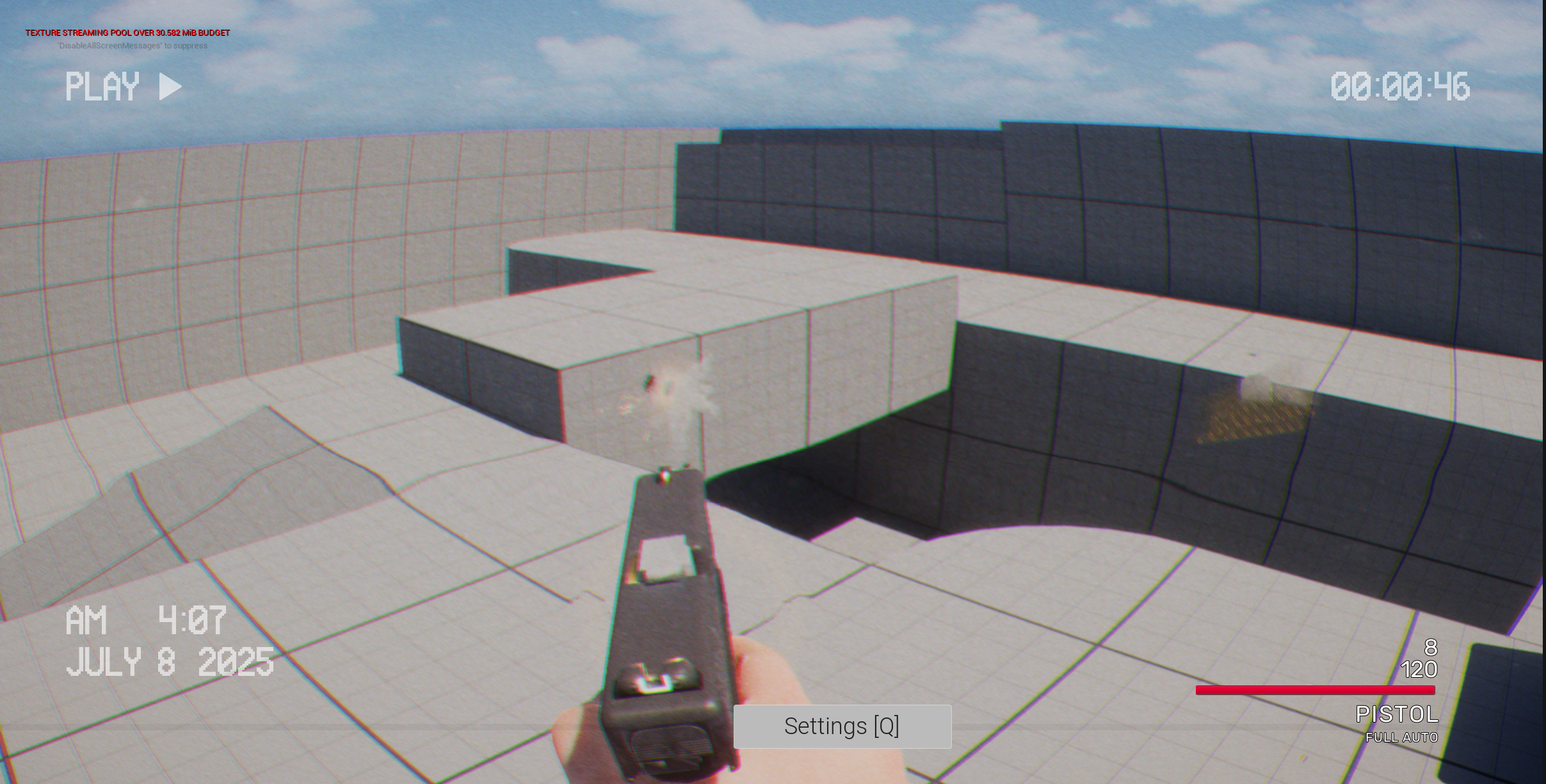 First-person view of a video game scene with a pistol aimed at gray and black geometric blocks, set outdoors with a cloudy sky, featuring an on-screen timer, date, and health bar.