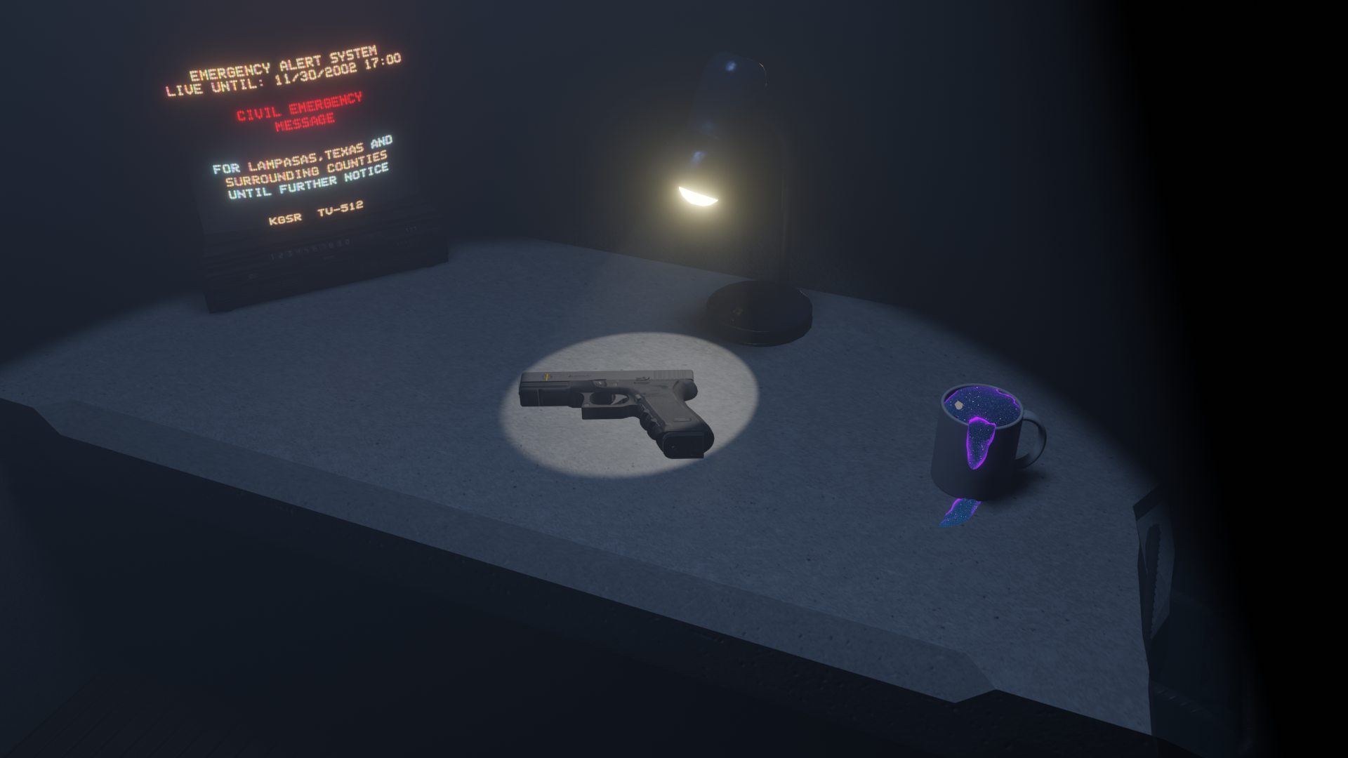 A desk with a handgun, a coffee mug with a glowing purple liquid, a small desk lamp, and a computer monitor displaying an emergency alert message.