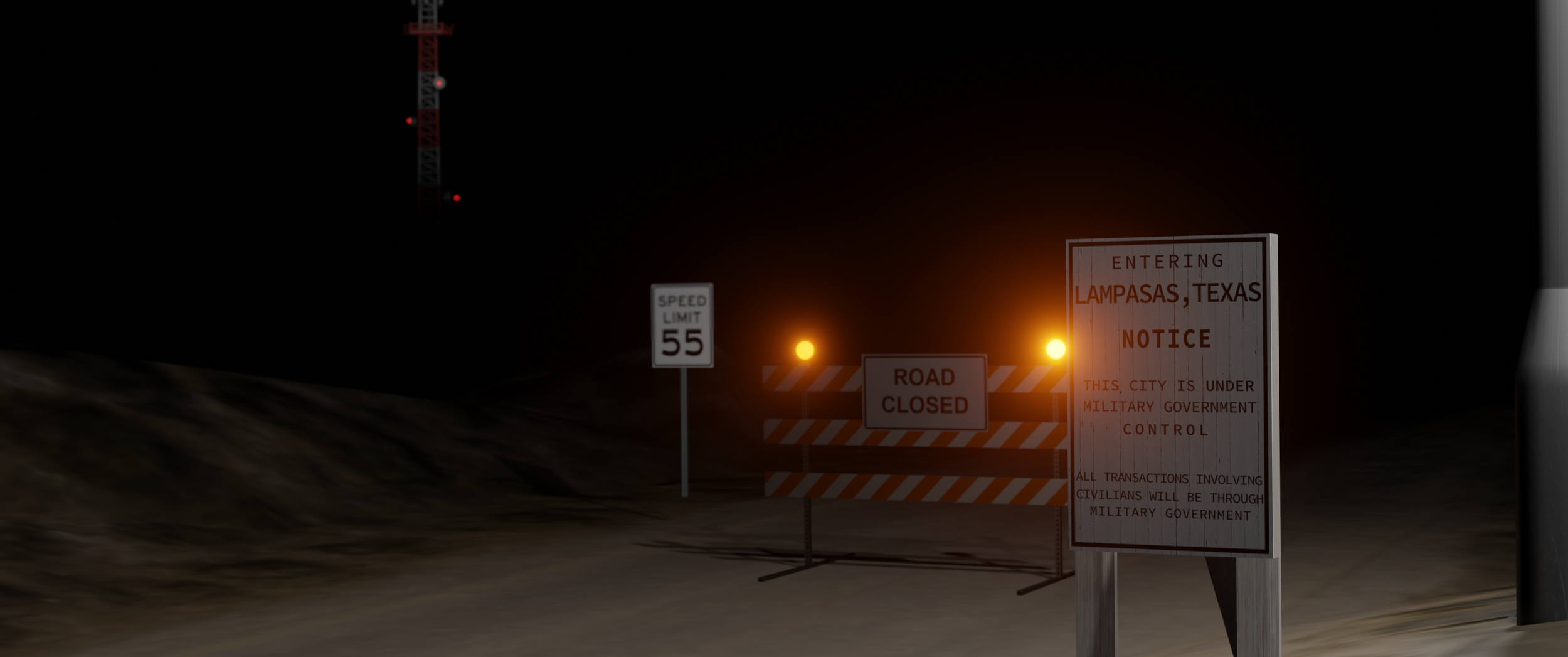 Nighttime border checkpoint with signs indicating road closure and military control entering Lampasas, Texas, near a tall tower with lights.