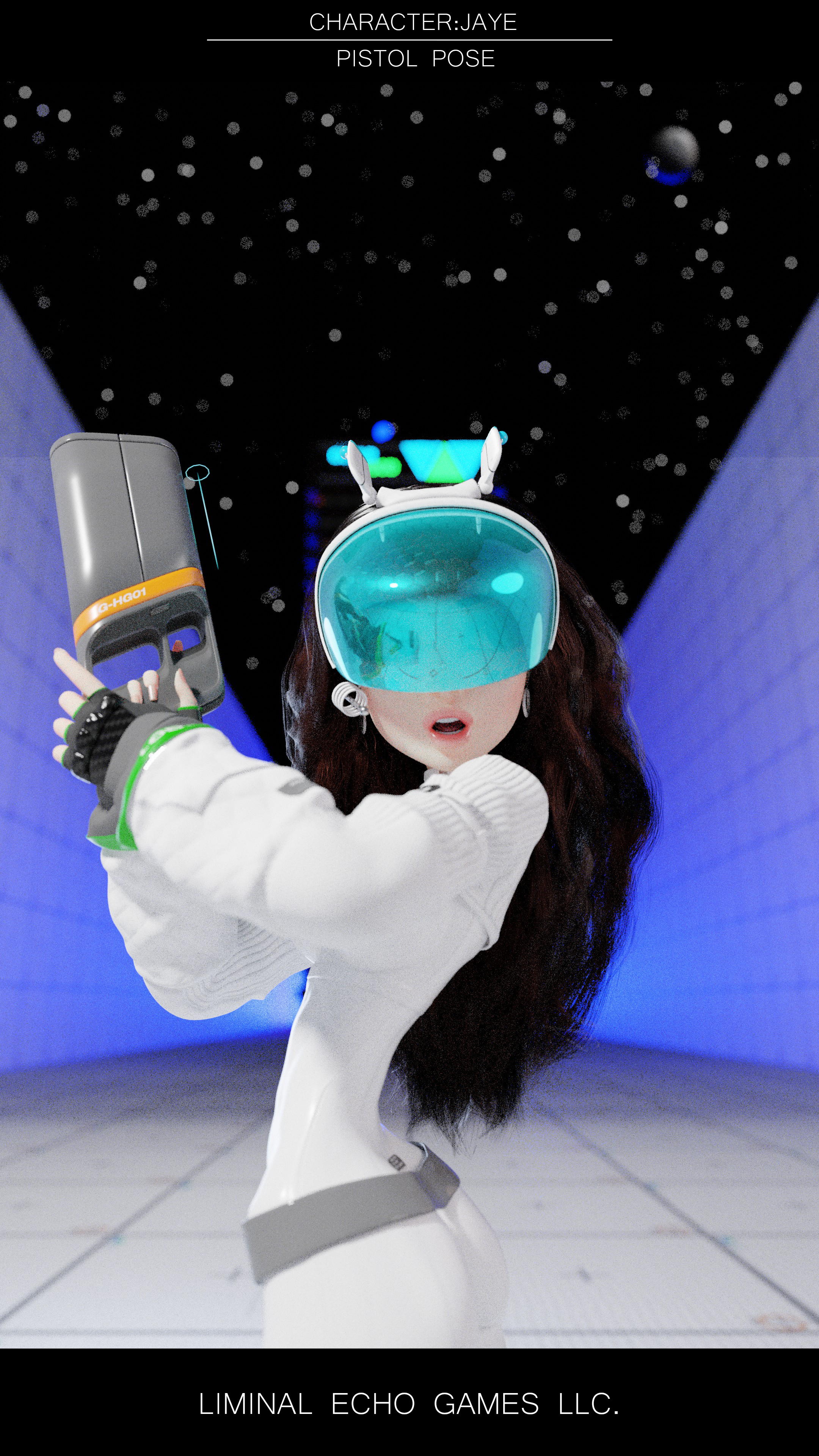 A futuristic female character wearing a virtual reality headset and a robotic suit, holding a gun-like device, standing in a corridor with a starry sky ceiling and blue-lit walls.