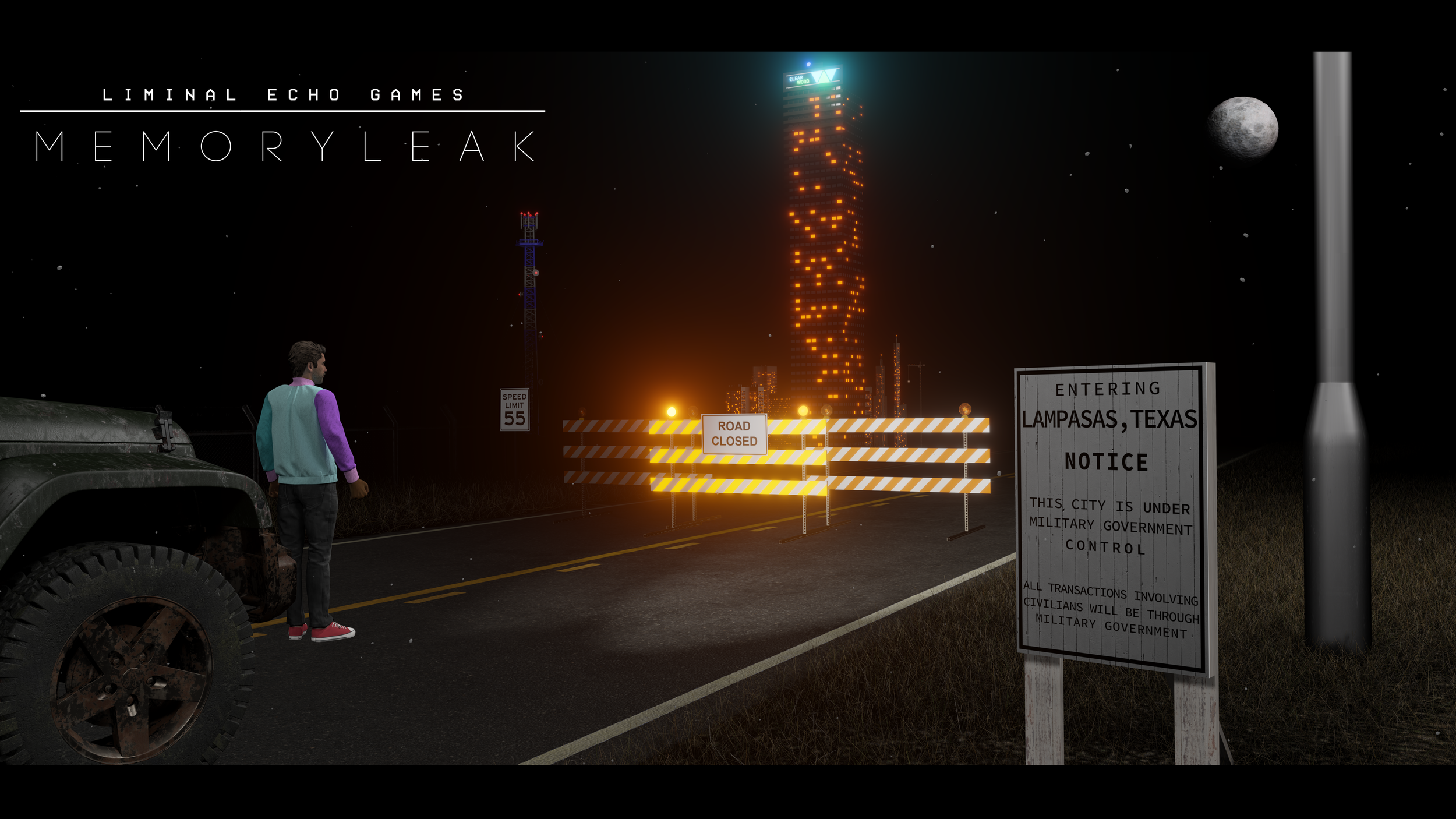 A person standing near a barred roadblock with a sign indicating the road is closed, in Lampasas, Texas, with a city skyline and a moon in the background. There is a large, illuminated vertical sign spelling 'MEMORY LEAK' and a tall electronic billboard.