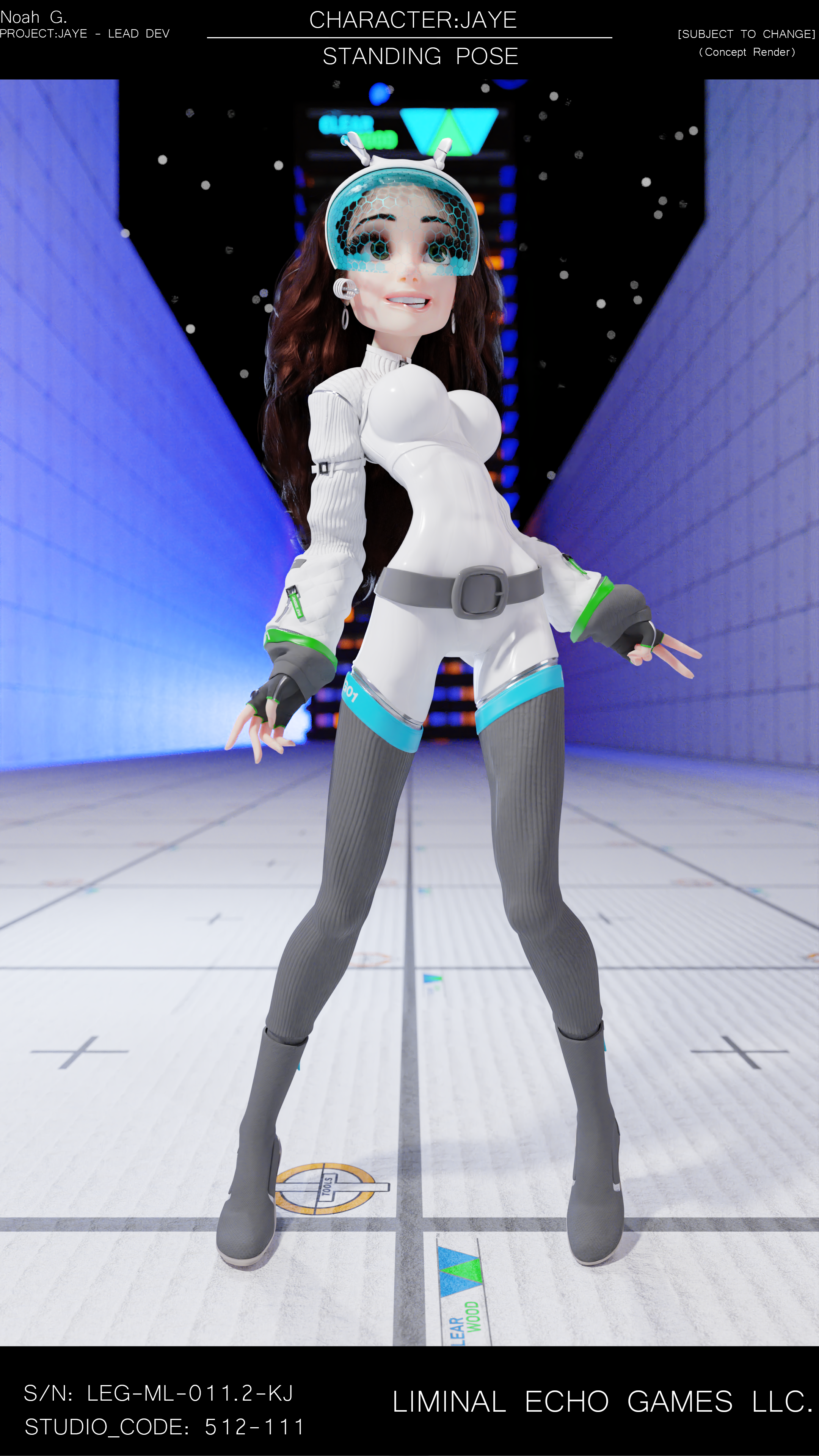 A futuristic female character with long brown hair wearing a white high-tech suit with gray, green, and blue accents, a transparent helmet with a honeycomb pattern, and bunny ear antennae, standing on a digital grid in a sci-fi corridor with blue walls and neon lights.