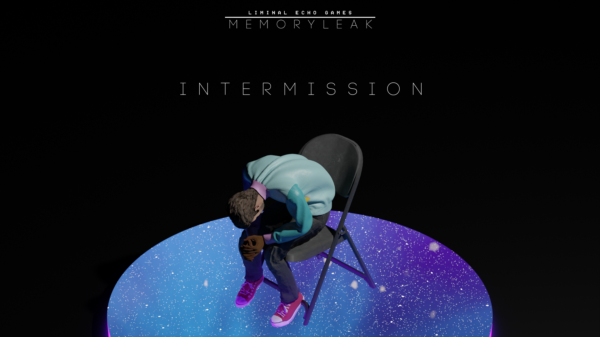 A person sitting on a black chair, hunched over with their head down and hands clasped, placed on a circular, starry, galaxy-themed platform, against a black background with white text that reads 'Intermission' and 'MemoryLeak'.