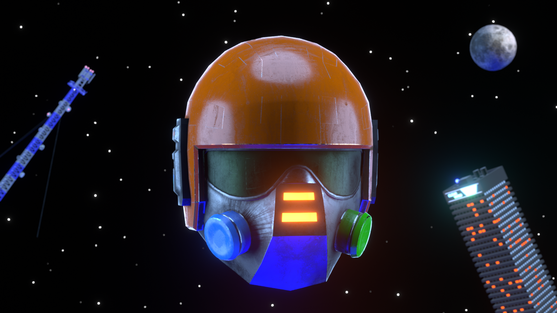 A futuristic astronaut helmet floating in space with planets, stars, a satellite, and a space station in the background.