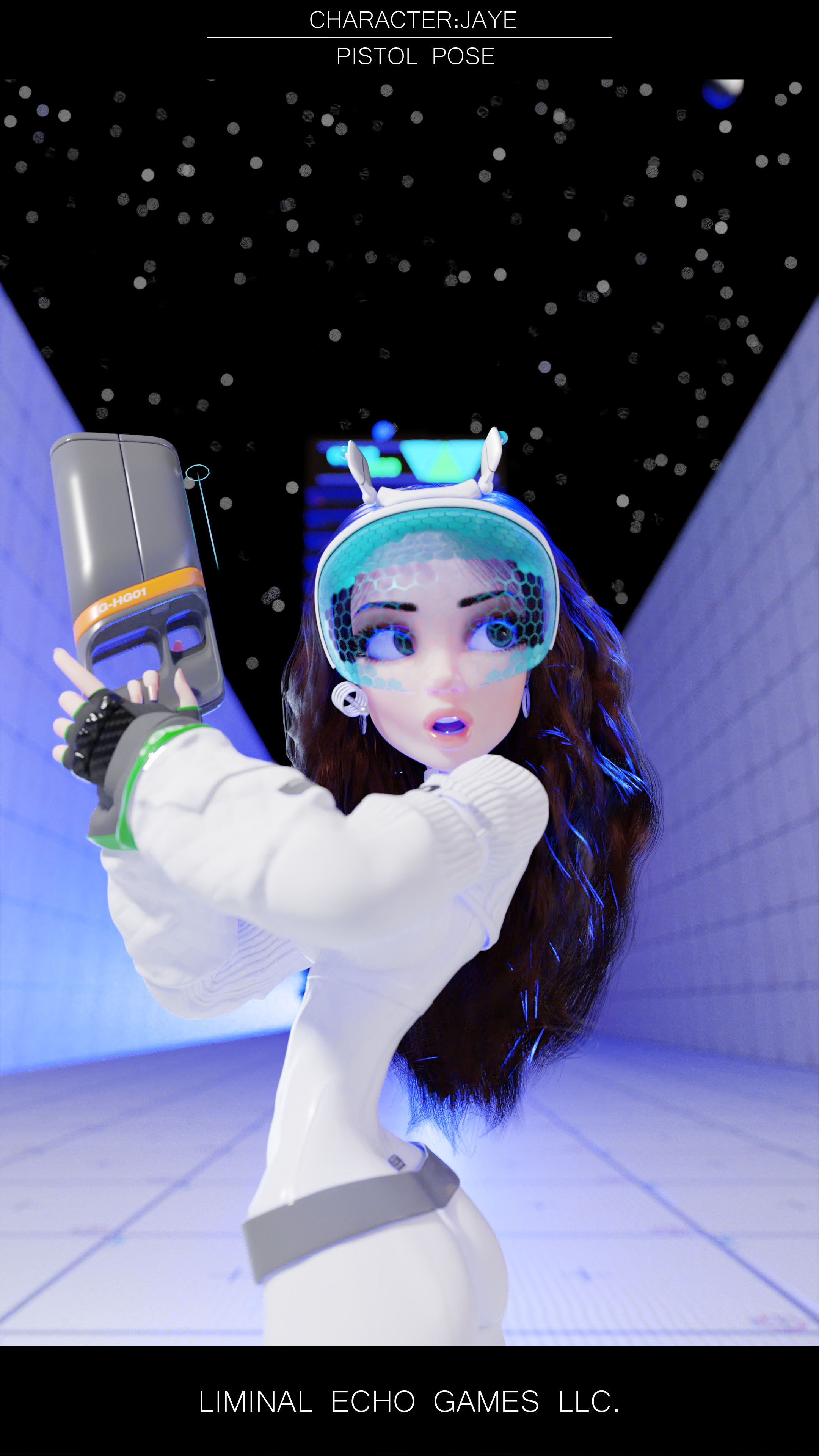 A humanoid character with long brown hair, wearing a space helmet with bunny ears, a white futuristic outfit, and a glove on one hand, holding a futuristic pistol. The background shows a starry night sky and a modern corridor.