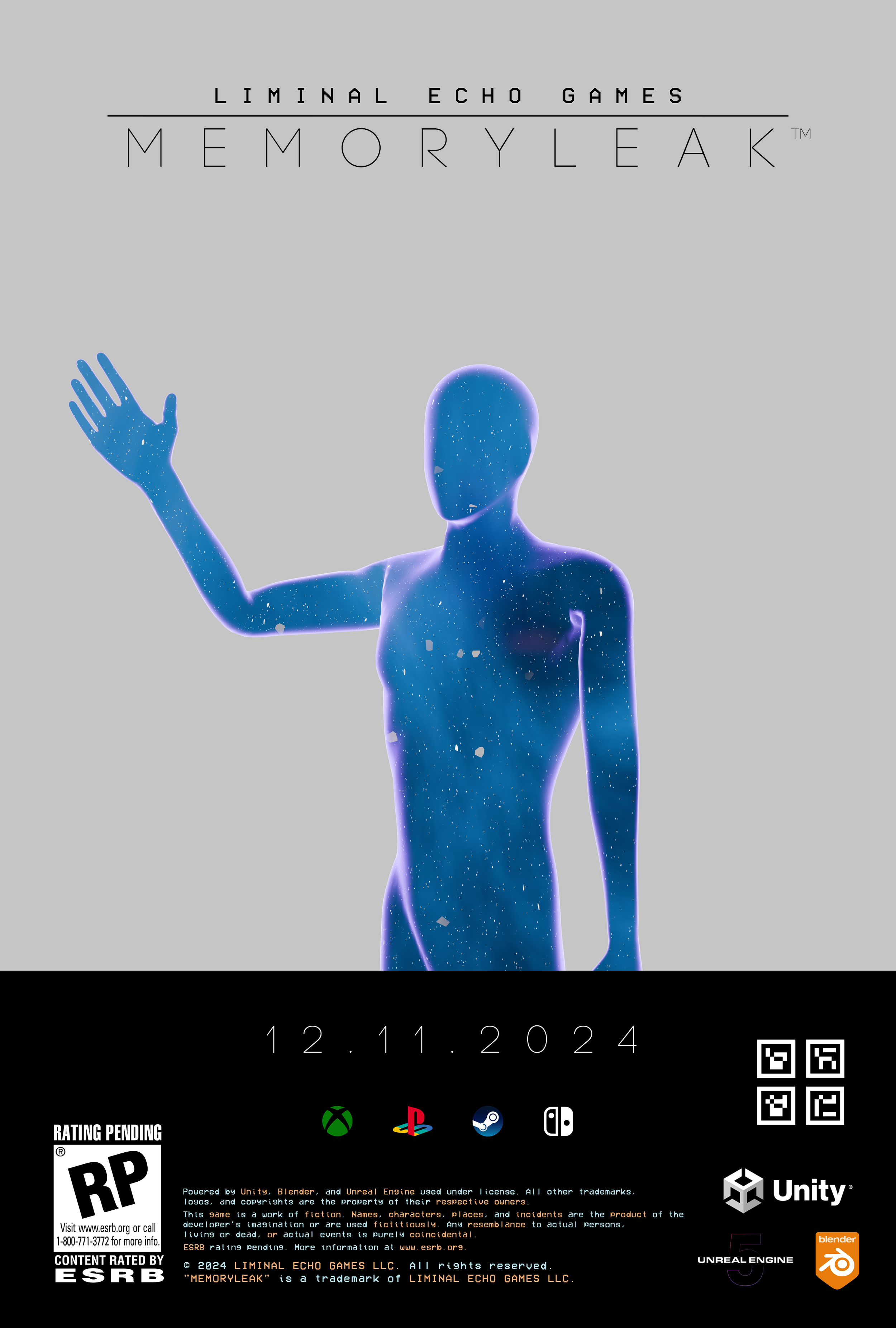 Video game promotional poster featuring a digital, glowing female humanoid figure with an outline of space in the form of stars and galaxies. The poster has text indicating the game title 'MemoryLeak' and the release date '12.11.2024', along with logos of game platforms and developer information.