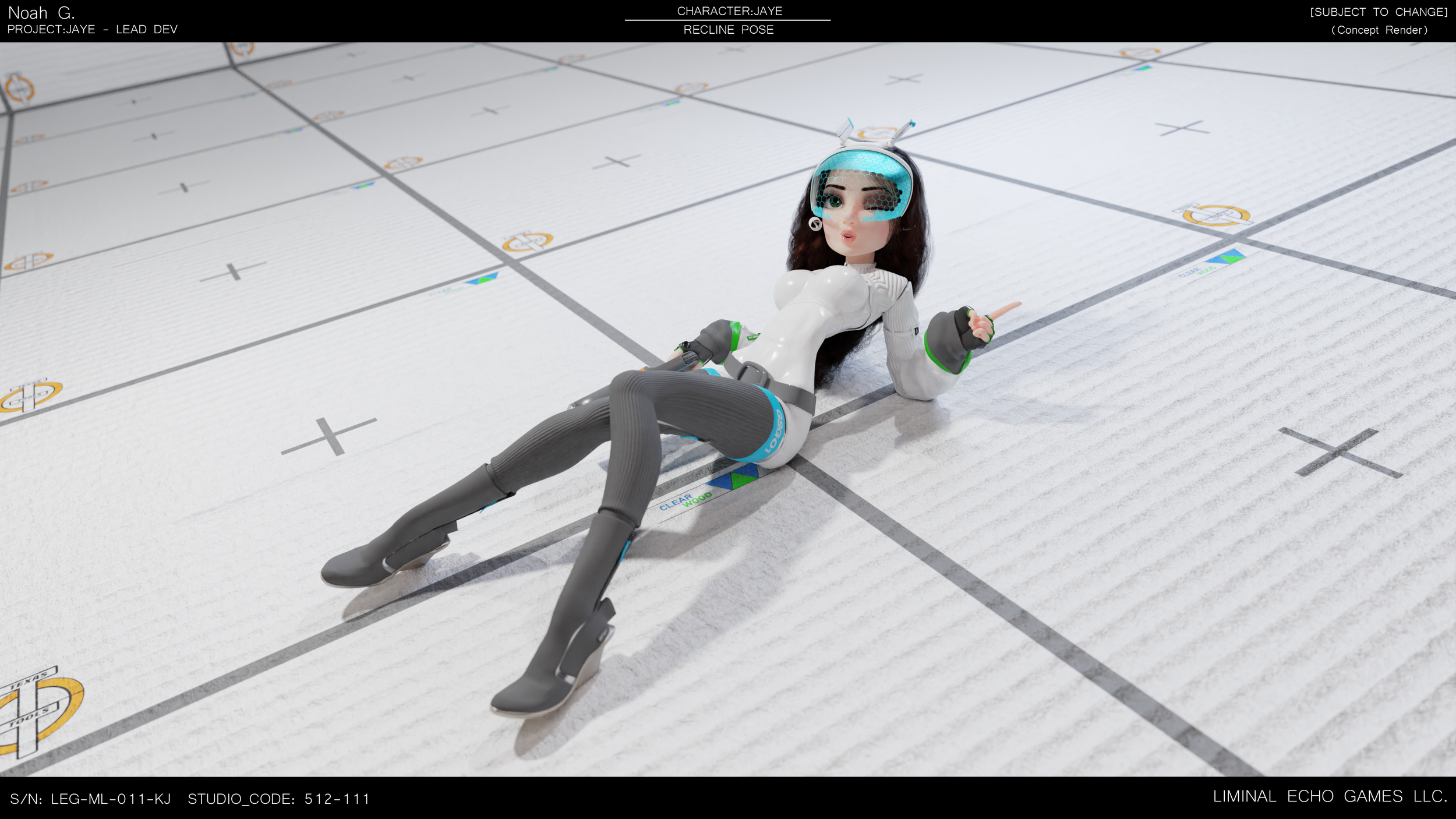 A female humanoid robot with long dark hair lying on its side on a grid-like futuristic floor, wearing a white bodysuit, gray thigh-high boots, and a transparent blue visor over her eyes. She appears to be in a relaxed pose and is pointing with her right hand.