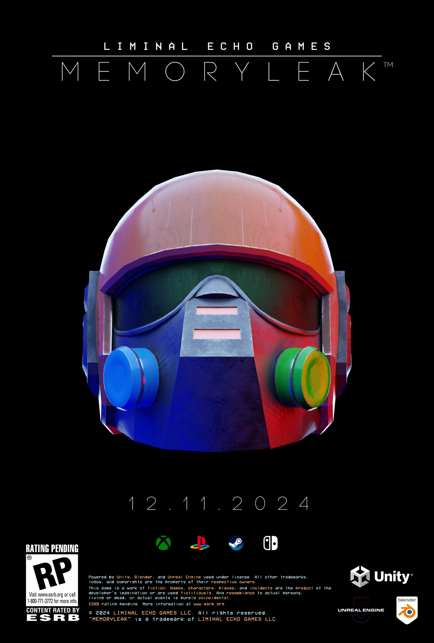 Promotional poster for the video game 'MemoryLeak' featuring a futuristic helmet with colorful lighting, release date December 11, 2024, and logos for Xbox, PlayStation, Steam, Nintendo Switch, Unity, Unreal Engine, Blender, and Discord.
