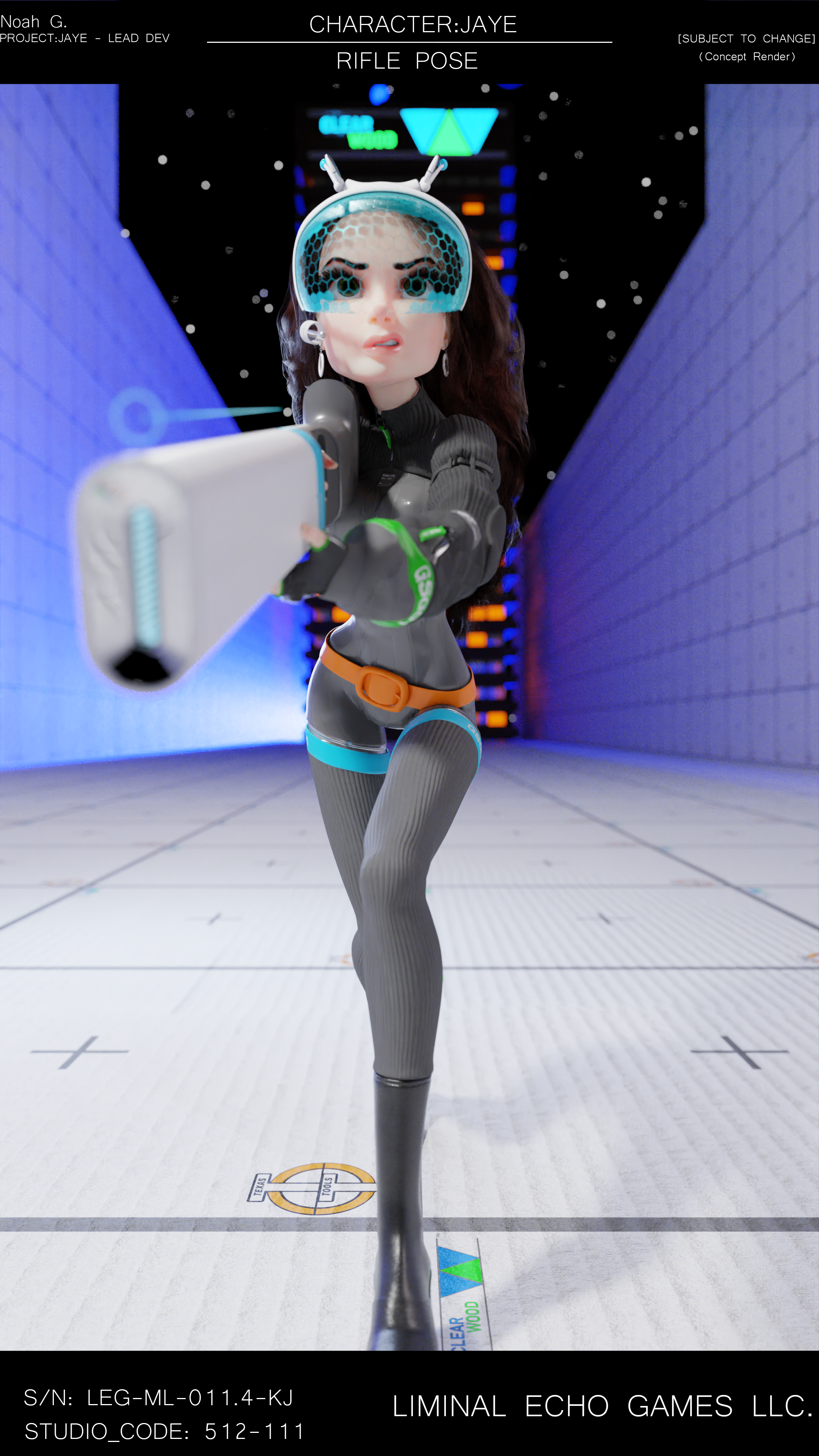 A computer-generated female character in a spacesuit, shooting a futuristic gun in a sci-fi corridor.