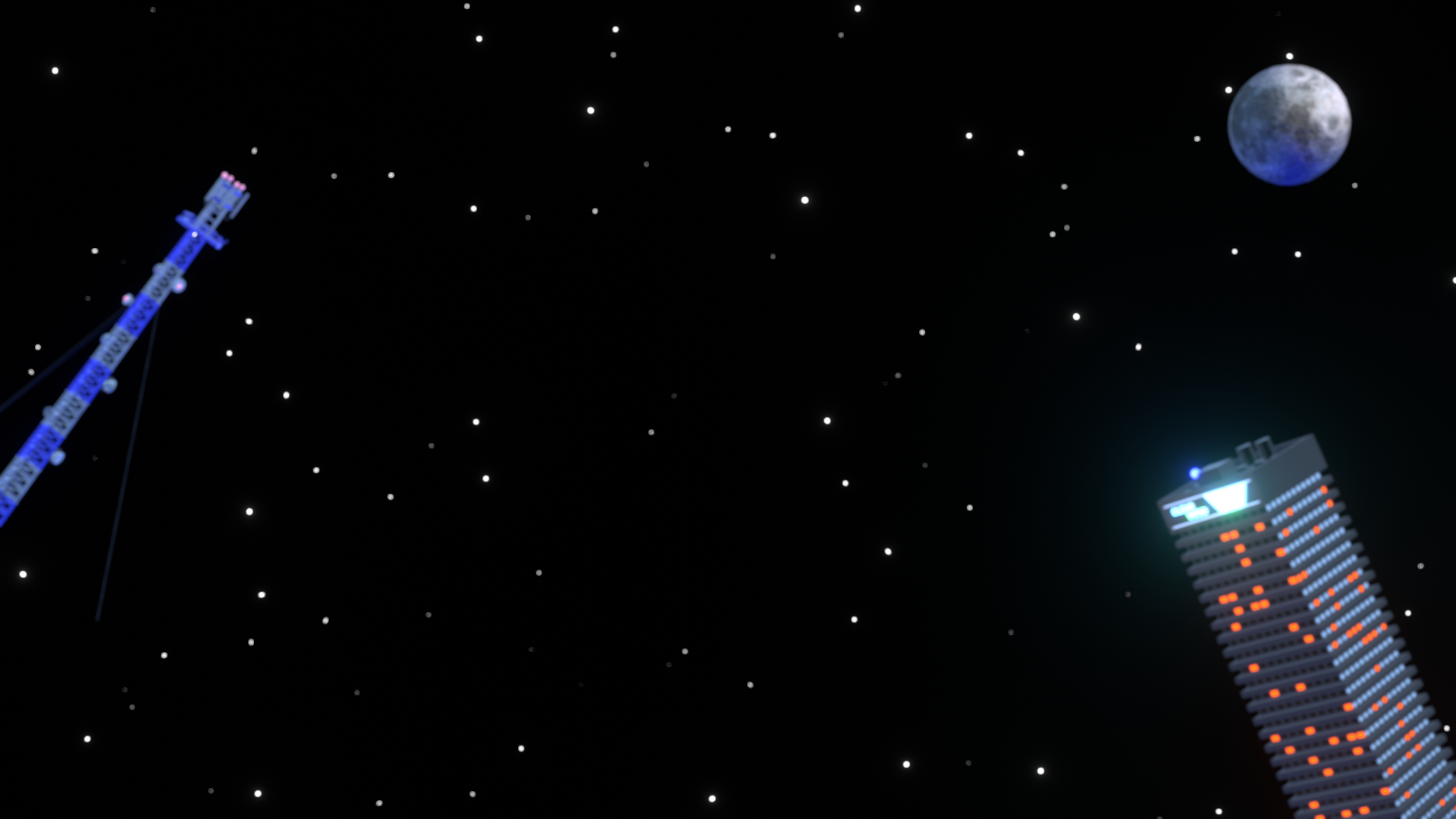 Nighttime scene with stars, the moon, a construction crane, and a tall building with illuminated windows.