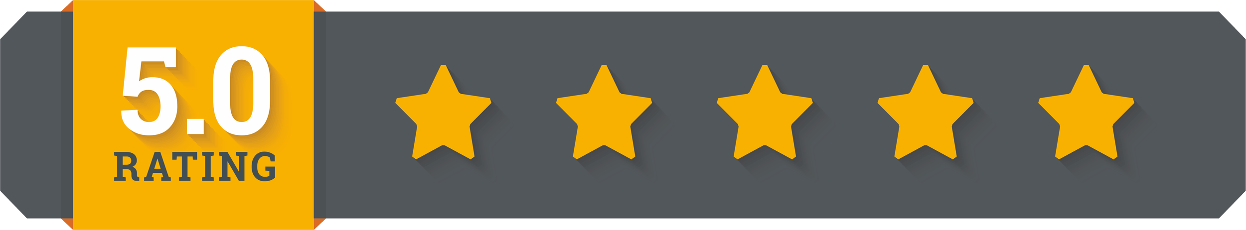 A digital review rating graphic showing a 5-star rating with four and a half stars highlighted and a 5.0 star rating with black text on a yellow background.