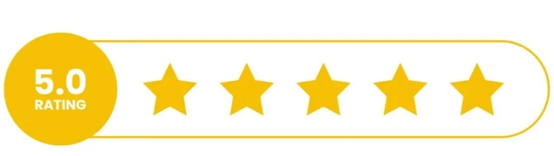 Yellow circular badge with white text stating 5.0 RATING and five yellow stars indicating a perfect rating