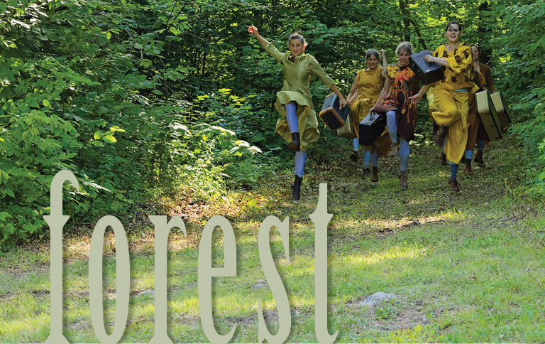 4 dancers emerging from a northern forest into a grassy clearing