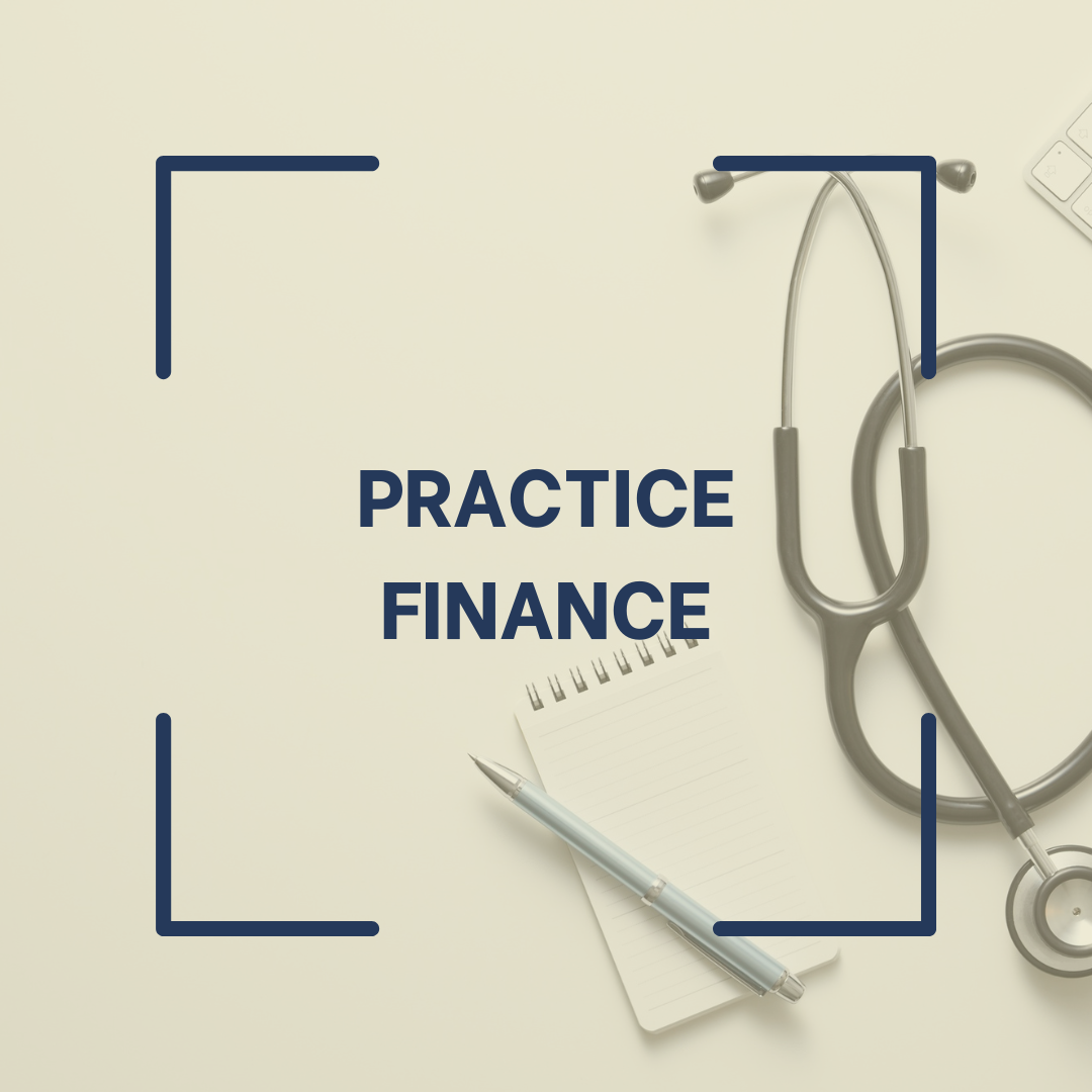 Stethoscope, notepad, pen, and a partial view of a keyboard on a desk with the words 'Practice Finance' in the center.