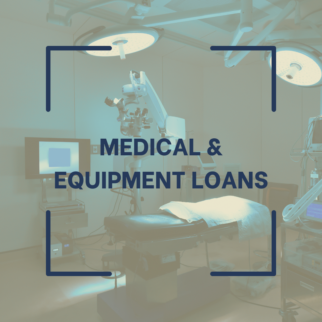 An empty operating room with surgical lights, a medical monitor, and robotic surgical equipment, overlaid with the text 'Medical & Equipment Loans'.