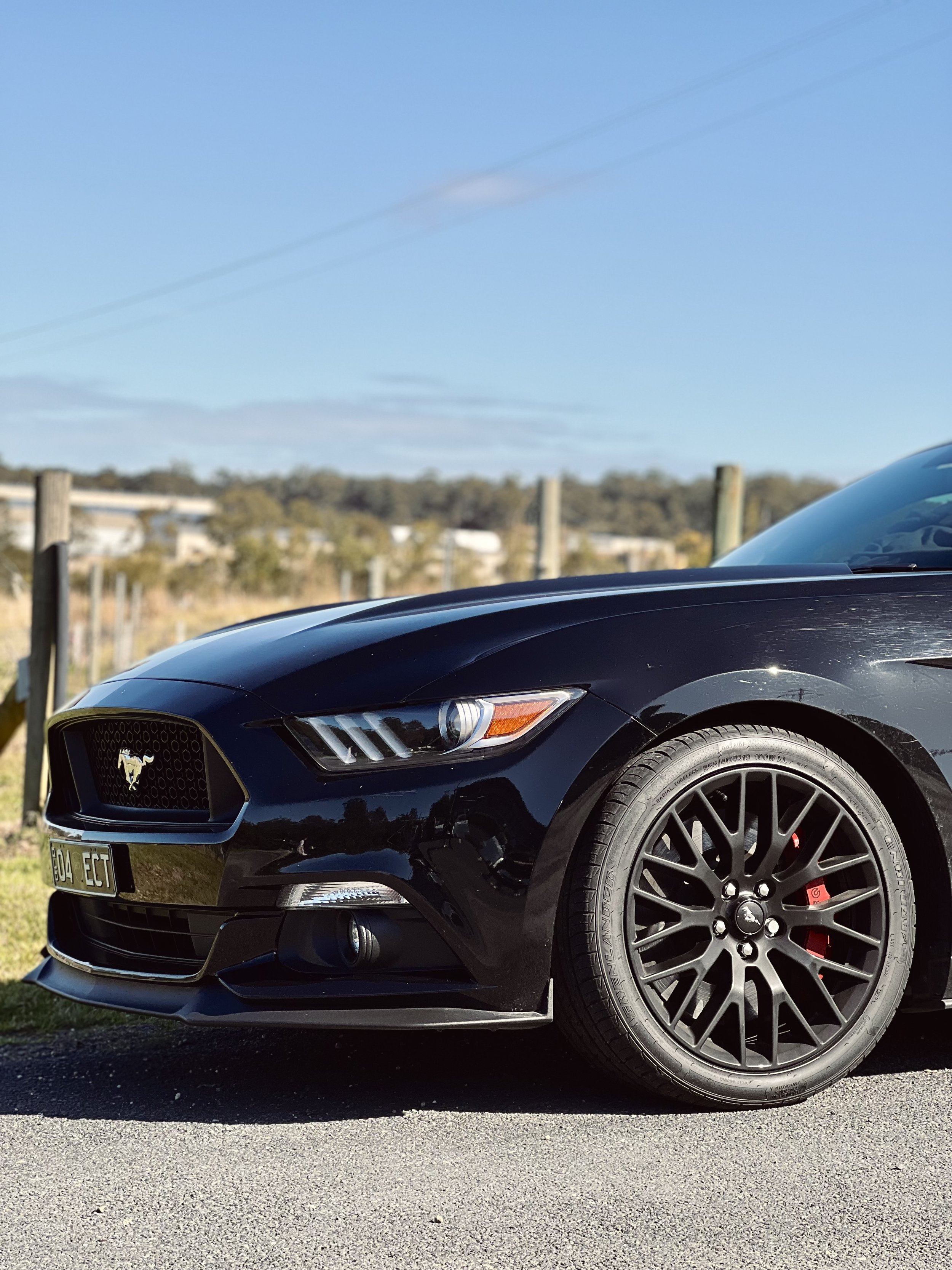 Black sports car, front view with chrome grille, large black alloy wheel, daytime setting.