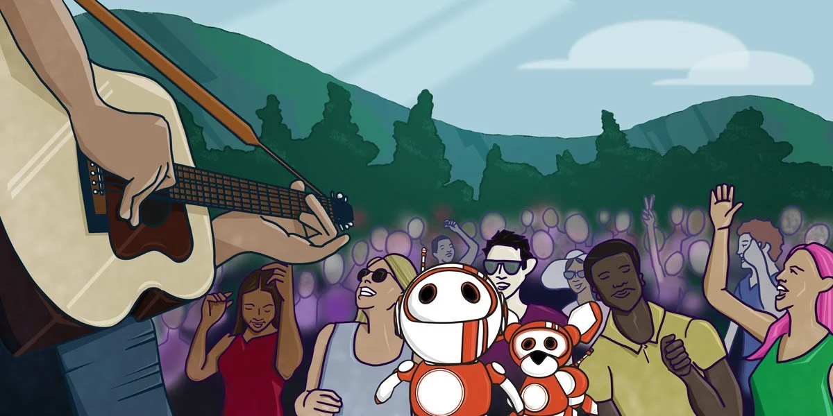 An illustrated scene of a music festival outdoors with a crowd of diverse people dancing and enjoying the performance, with mountains and trees in the background.