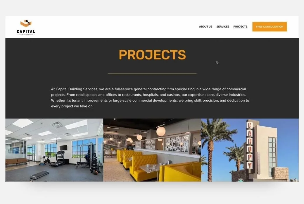 Screenshot of a website page titled 'Projects' for Capital Building Services. The page features images of commercial building projects, including a gym, a restaurant interior with yellow booths, and a hotel or office building with palm trees.