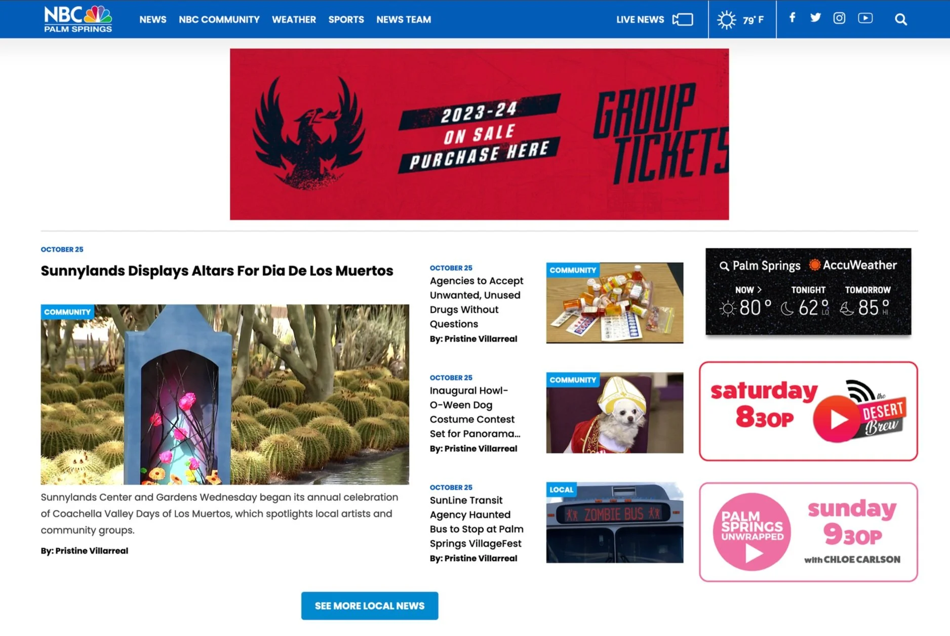 Screenshot of the NBC Palm Springs news website homepage. It features a banner at the top with a phoenix logo and ticket information. Below, there are news articles about community events, including altars for Dia De Los Muertos, drug acceptance agencies, a dog costume contest, and a haunted bus. There are weather updates and upcoming event advertisements, including a TV show schedule.