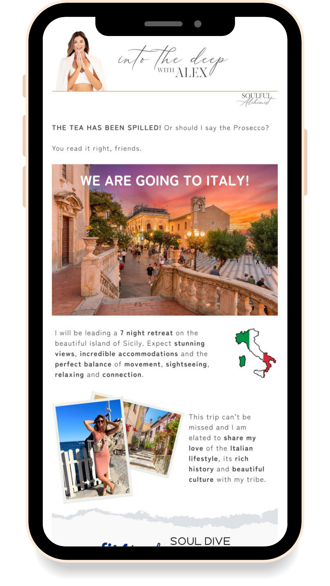 Digital newsletter on a smartphone screen promoting a 7-night trip to Sicily, Italy. Contains images of a woman in summer clothing, a sunset over a city, and historic streets with greenery.
