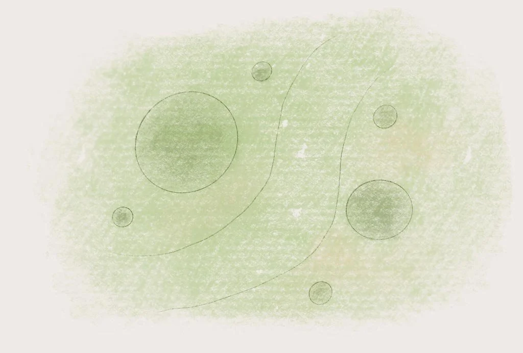 Light green textured background with black line art of various-sized circles connected by curved lines.