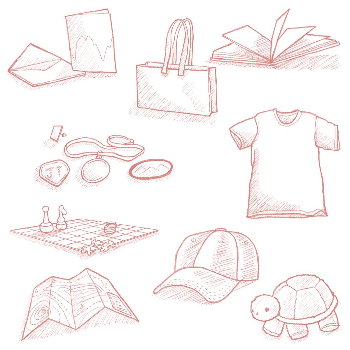 Various pink sketch-style drawings of shopping-related items including boxes, a shopping bag, coins, a t-shirt, a cap, a tent, a chessboard with pieces, and a turtle.