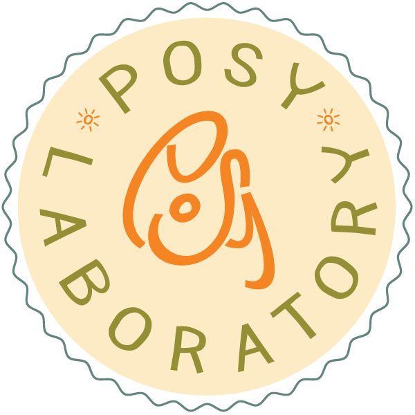 Circular logo with a flower illustration in the center, surrounded by the words 'Posy Laboratory' and small decorative sun icons.