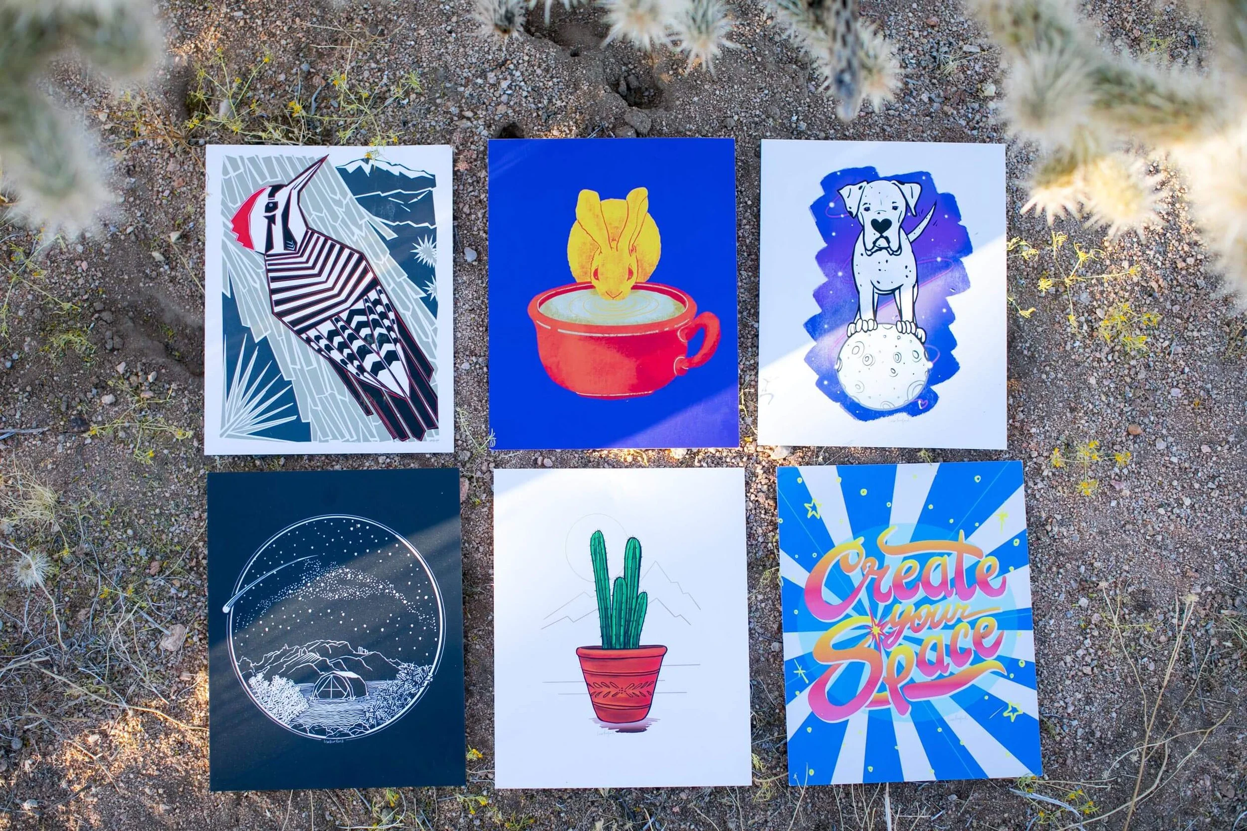 Six colorful posters laid out on the ground in a grid pattern with three in the top row and three in the bottom row. The posters feature illustrations of animals, space, plants, and motivational phrases, with a desert and shrubbery surrounding them.