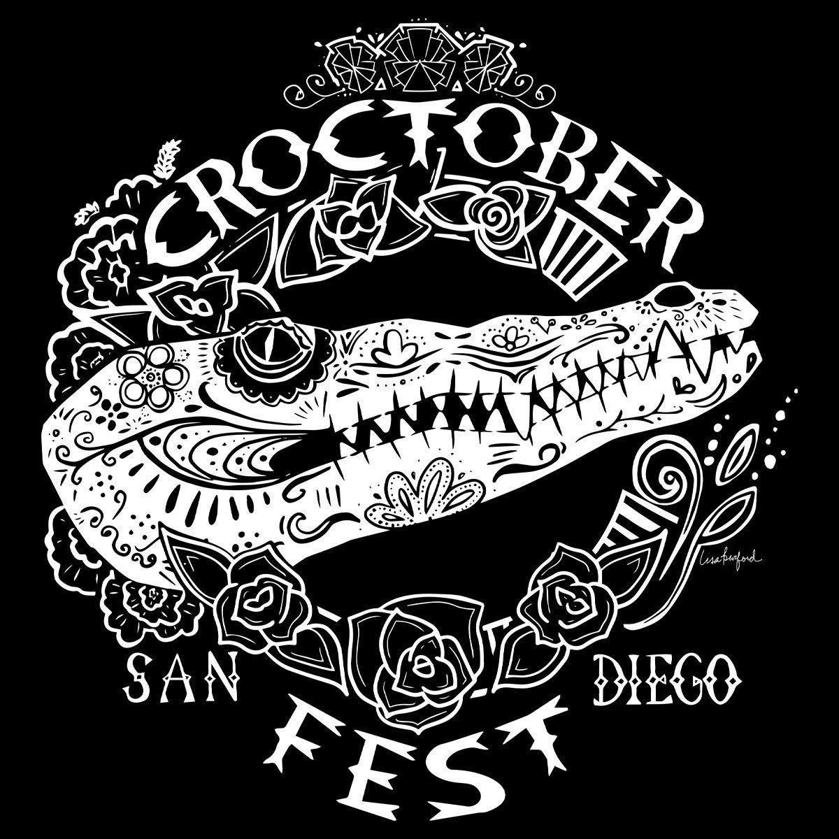 Black and white illustration of a crocodile with floral and decorative patterns, with the text 'CROCTOBER FEST' and 'SAN DIEGO' around it.