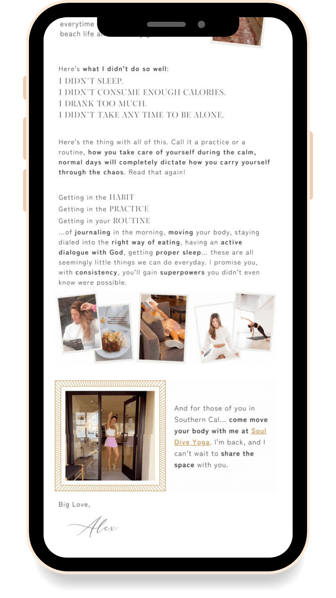 A person standing in front of a glass door, wearing a tank top and shorts, with a yoga pose. The image is part of a newsletter about self-care, yoga, and mindfulness, including photos of a woman practicing yoga, meditation, and relaxing at home.