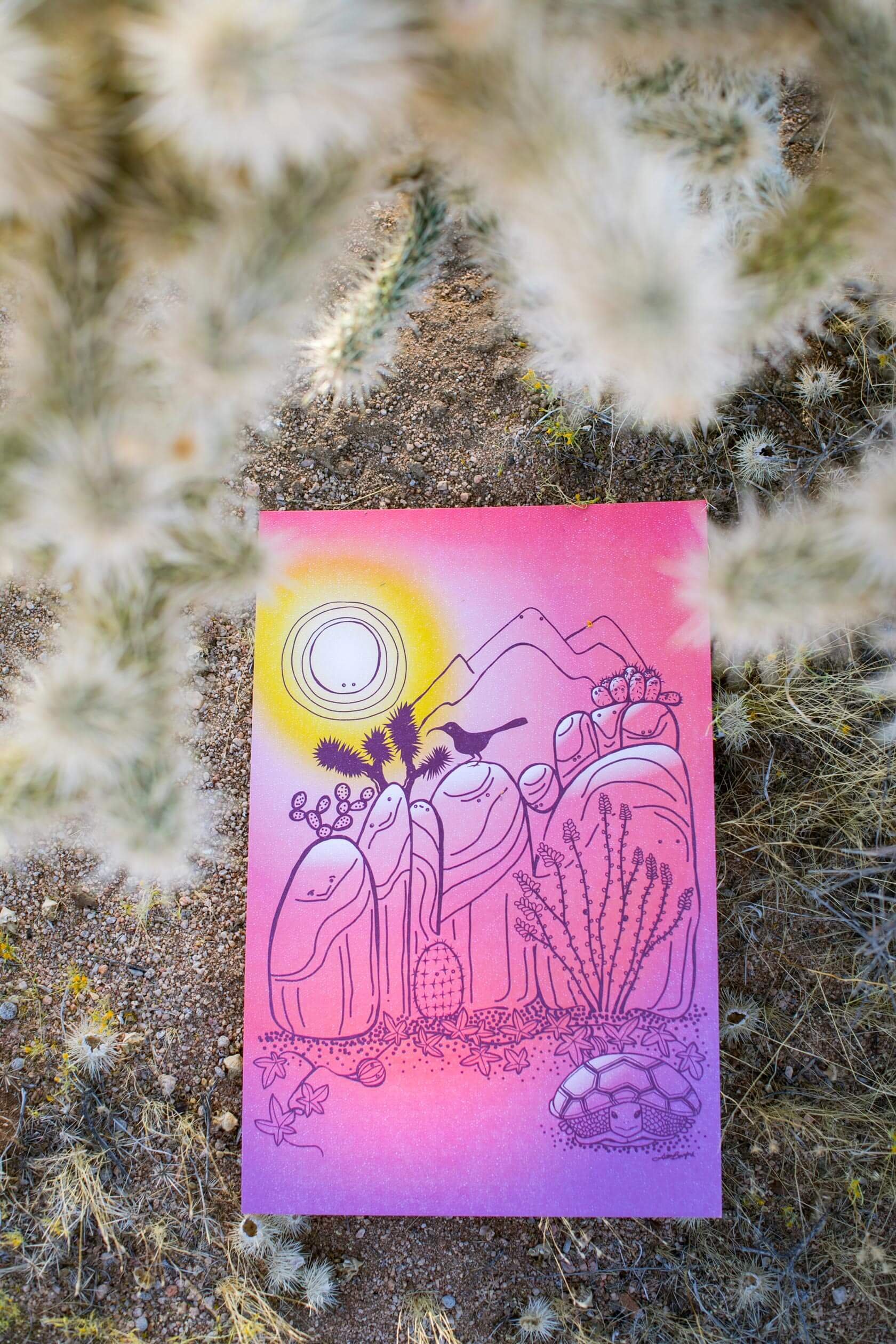 A colorful drawing of a desert landscape with rocks, cacti, and a bird, on pink and yellow gradient paper, surrounded by desert plants and cacti.