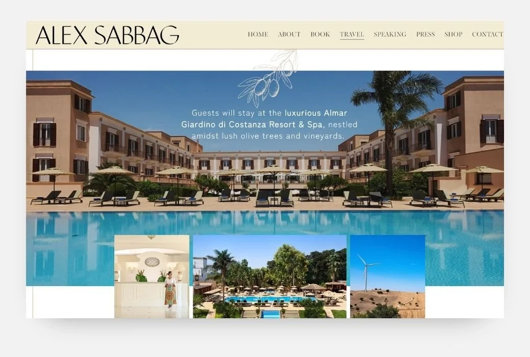 Screenshot of a travel webpage featuring a resort with a large swimming pool, sun loungers with umbrellas, and surrounding buildings, along with smaller images of the reception and landscape.