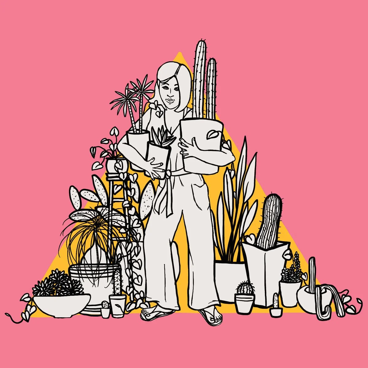 Line drawing of a woman holding multiple potted cacti and succulents, surrounded by various potted plants against a pink and yellow background.